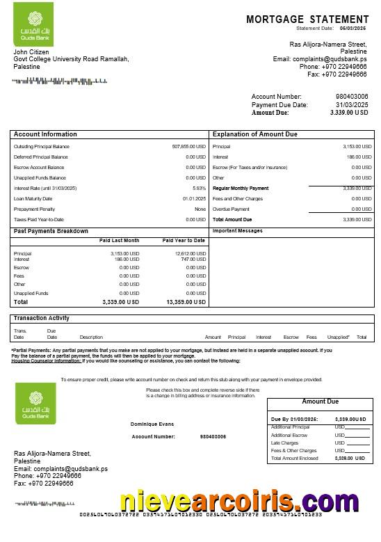 Palestine Quds bank mortgage statement